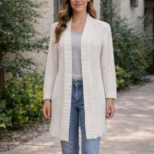 Talbots White Textured Knit Cardigan Sweater Open Front Extra Small XS